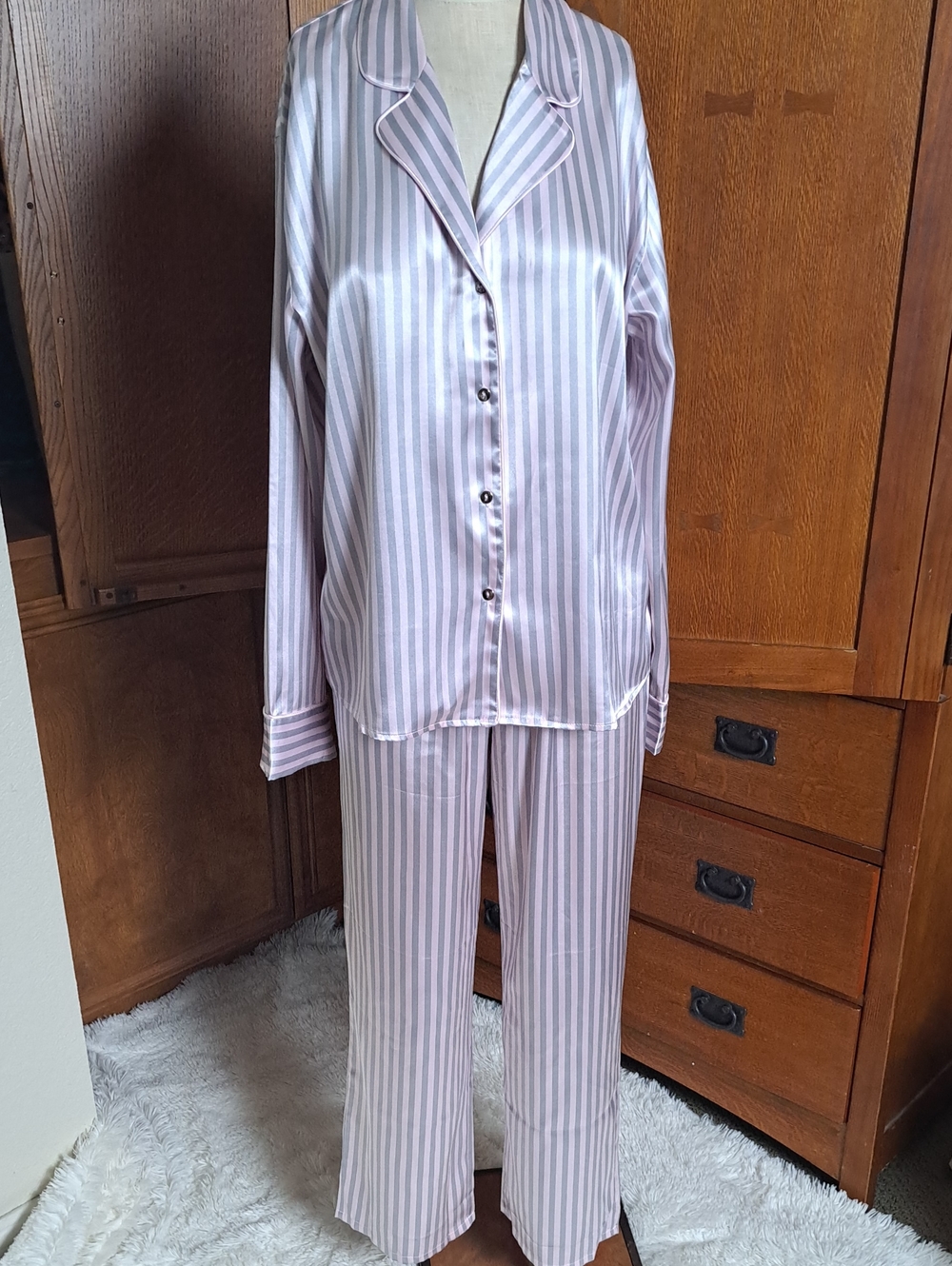 Lilac + London Pastel Pink Gray Striped Satin Pajama Set Medium